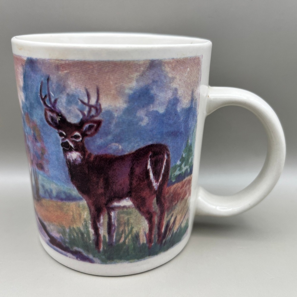 Gibson‎ Housewares Wildlife Deer Coffee Mug Forest Scene Ceramic Cup Vtg 11 oz